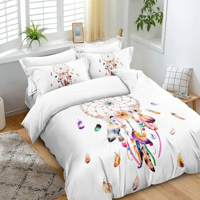 3pcs Dream Catcher Watercolor Feather Duvet Cover Set