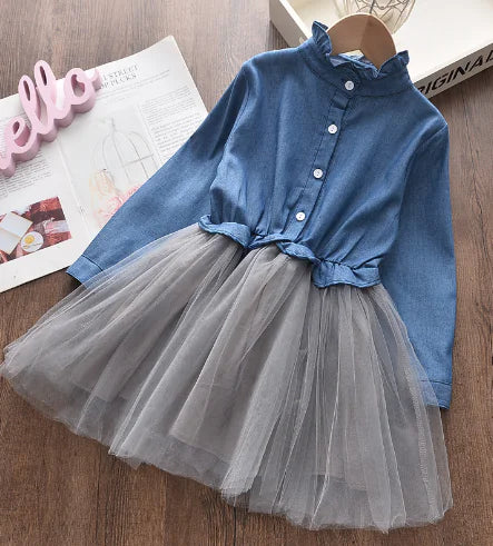 Girls' Denim Top with Mesh Skirt Princess Dress