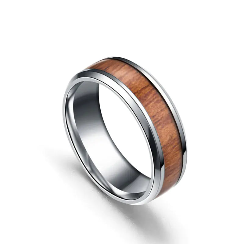 Titanium Steel Ring with Acacia Ebony Teak Inlay