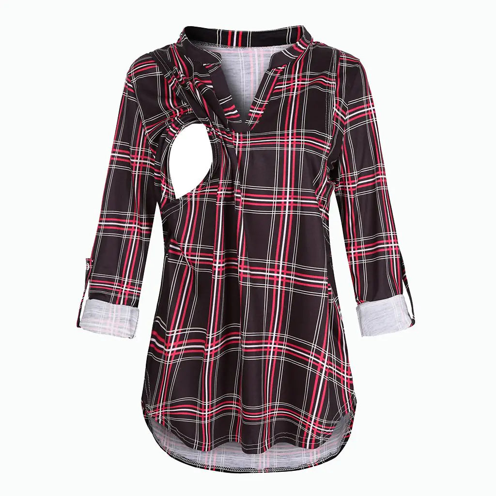 Plaid Print Long Sleeve Nursing Top for Mothers