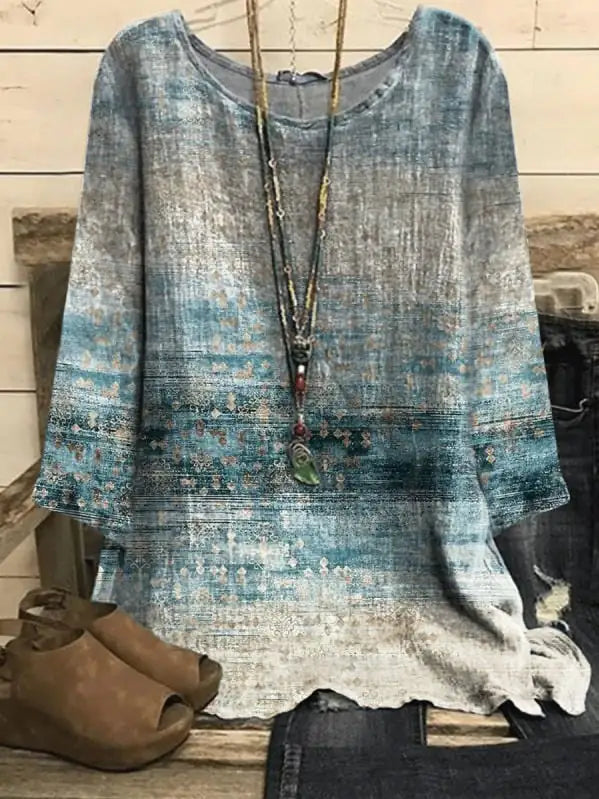 Cotton Linen Print Retro Round Neck Loose Top