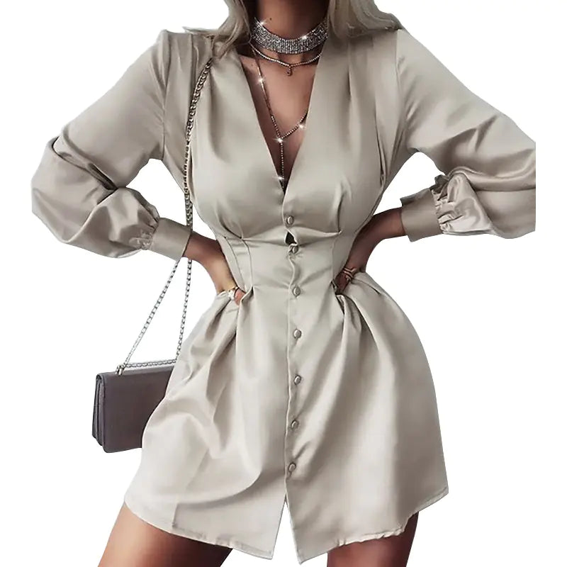 Autumn New Women's Solid Color V-Neck Dress