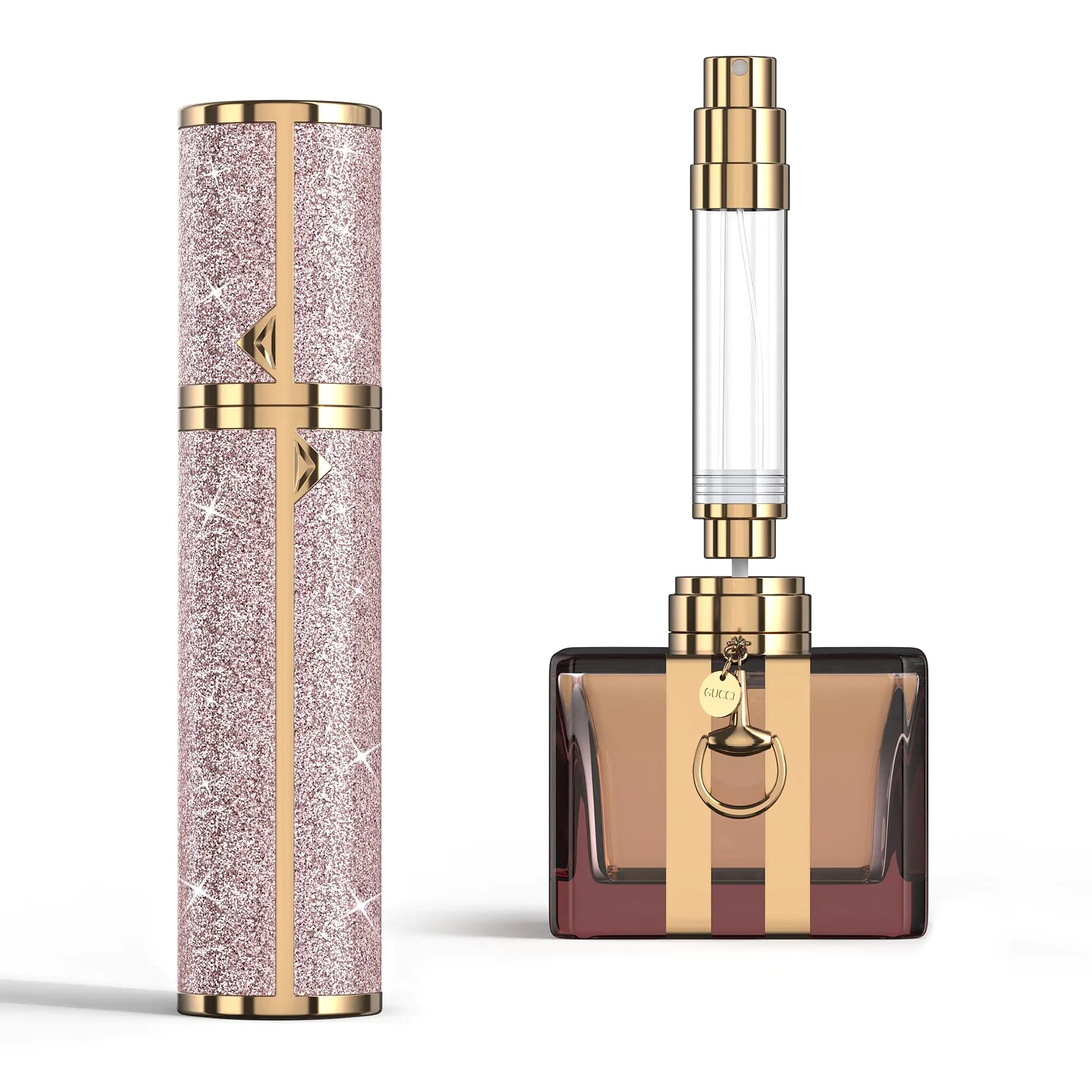 FENHON Perfume Travel Refillable Bottle 5ml Glitter Leather Atomizer for Perfume Portable Size Cologne Sprayer Mini Fragrance Spray Bottle for Woman & Man Essentials (8ML Pink)