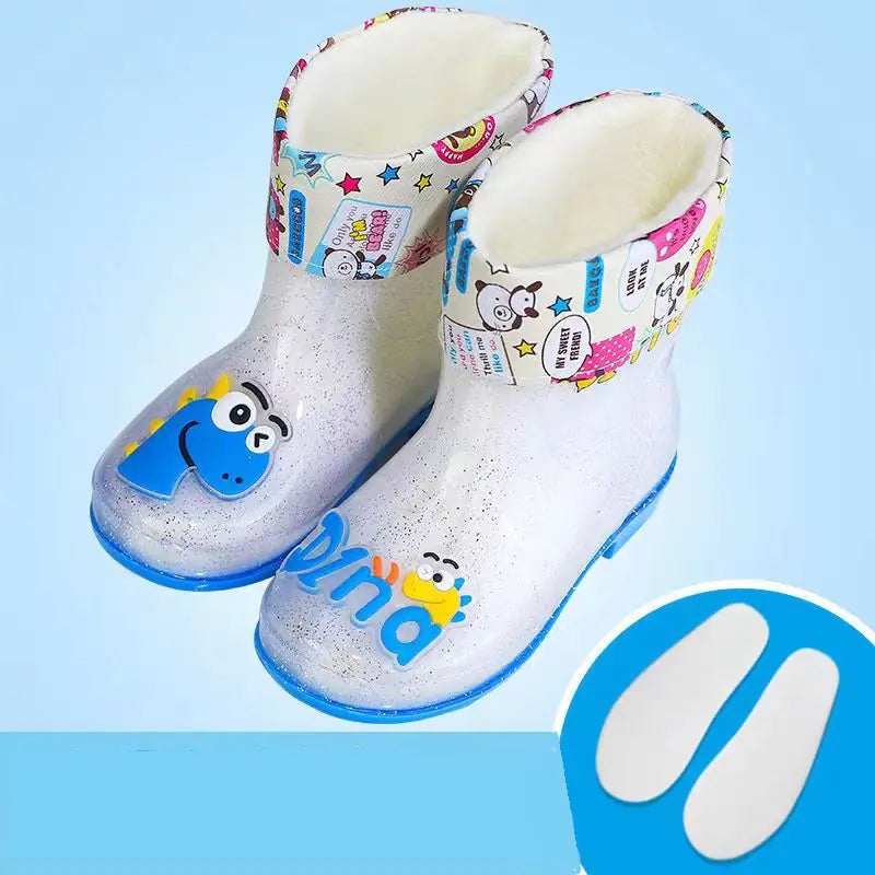 Transparent Dinosaur Rain Boots for Kids with Fleece