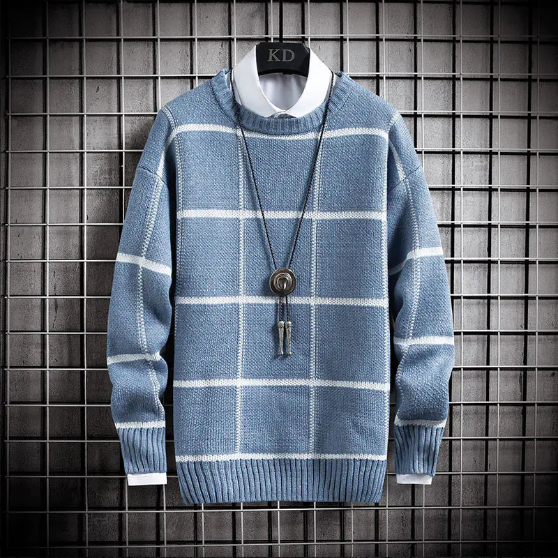 Men's Thick Knit Sweater - Casual Long Sleeve Plaid