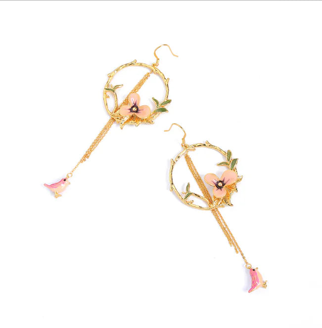 Vintage Flower and Bird Long Dangle Earrings for Women