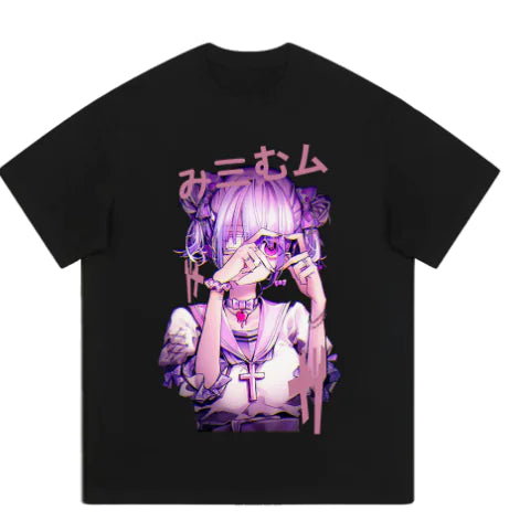 Japanese Purple Denim Shorts and Cute T-Shirt Set