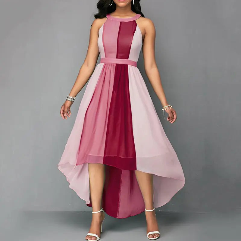 Color Block High-Low Dress with Neck Strap