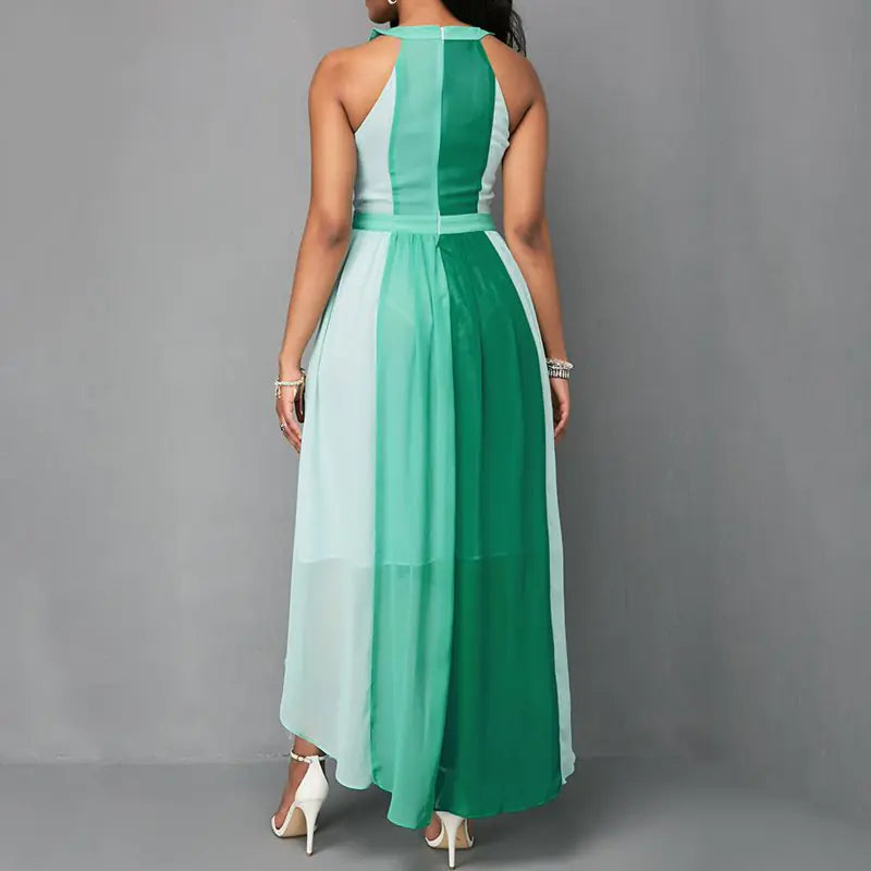 Color Block High-Low Dress with Neck Strap