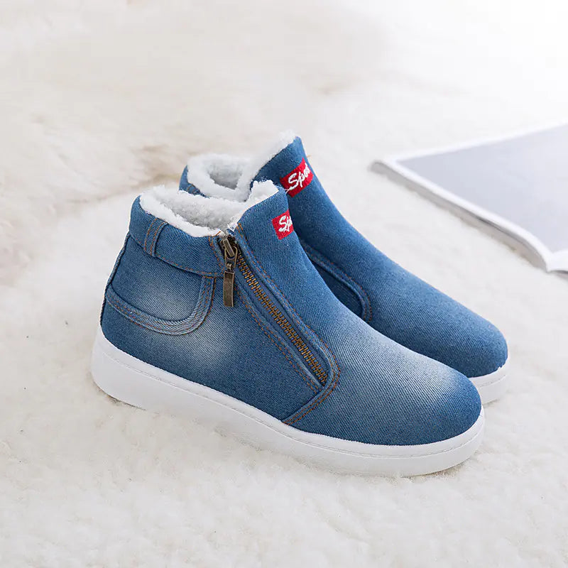 Winter Denim Snow Boots, Korean Cotton Flat Shoes