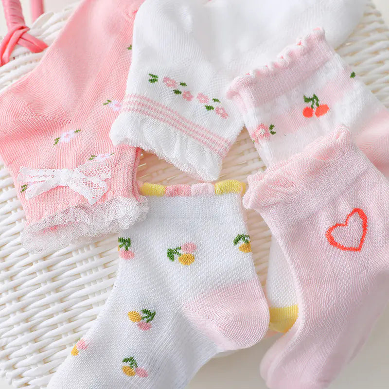 5PCS Kids' Lace Bow Cotton Summer Socks for Ages 3-12