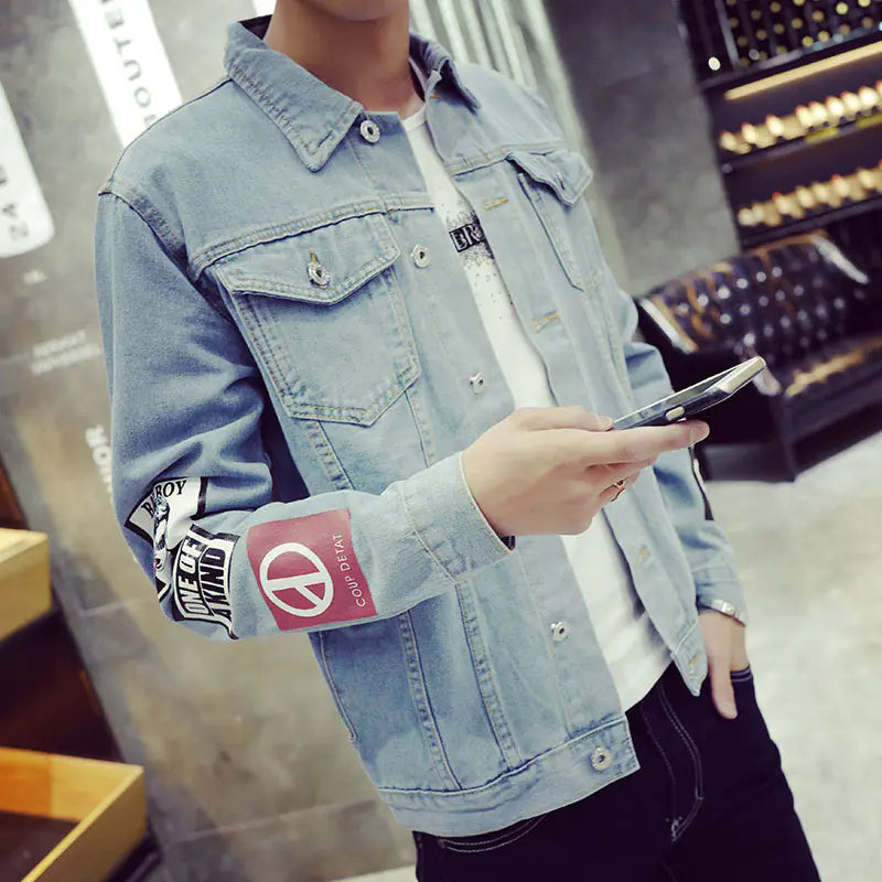 Men's Floral Print Slim Fit Denim Jacket for Youth