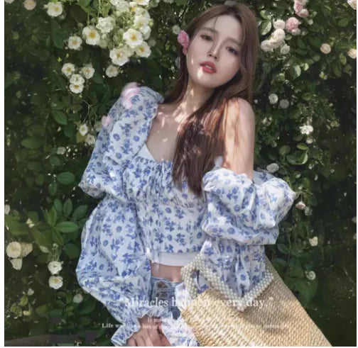 Floral Lantern Sleeve Chiffon Shirt