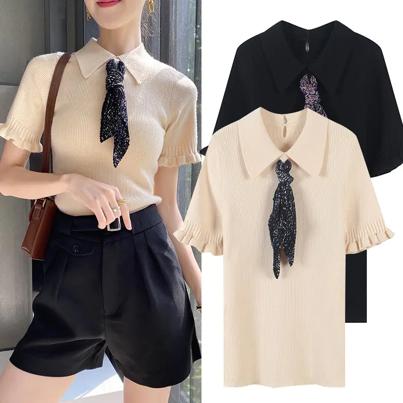 French Elegant Women's Knit Top with Tie and Lace Details