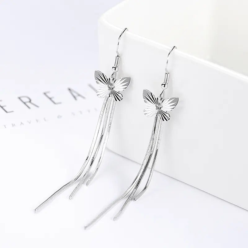 Stylish Long Butterfly Tassel Earrings in Silver
