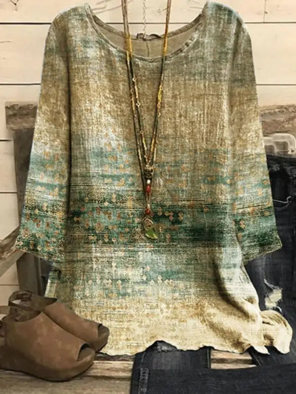 Cotton Linen Print Retro Round Neck Loose Top