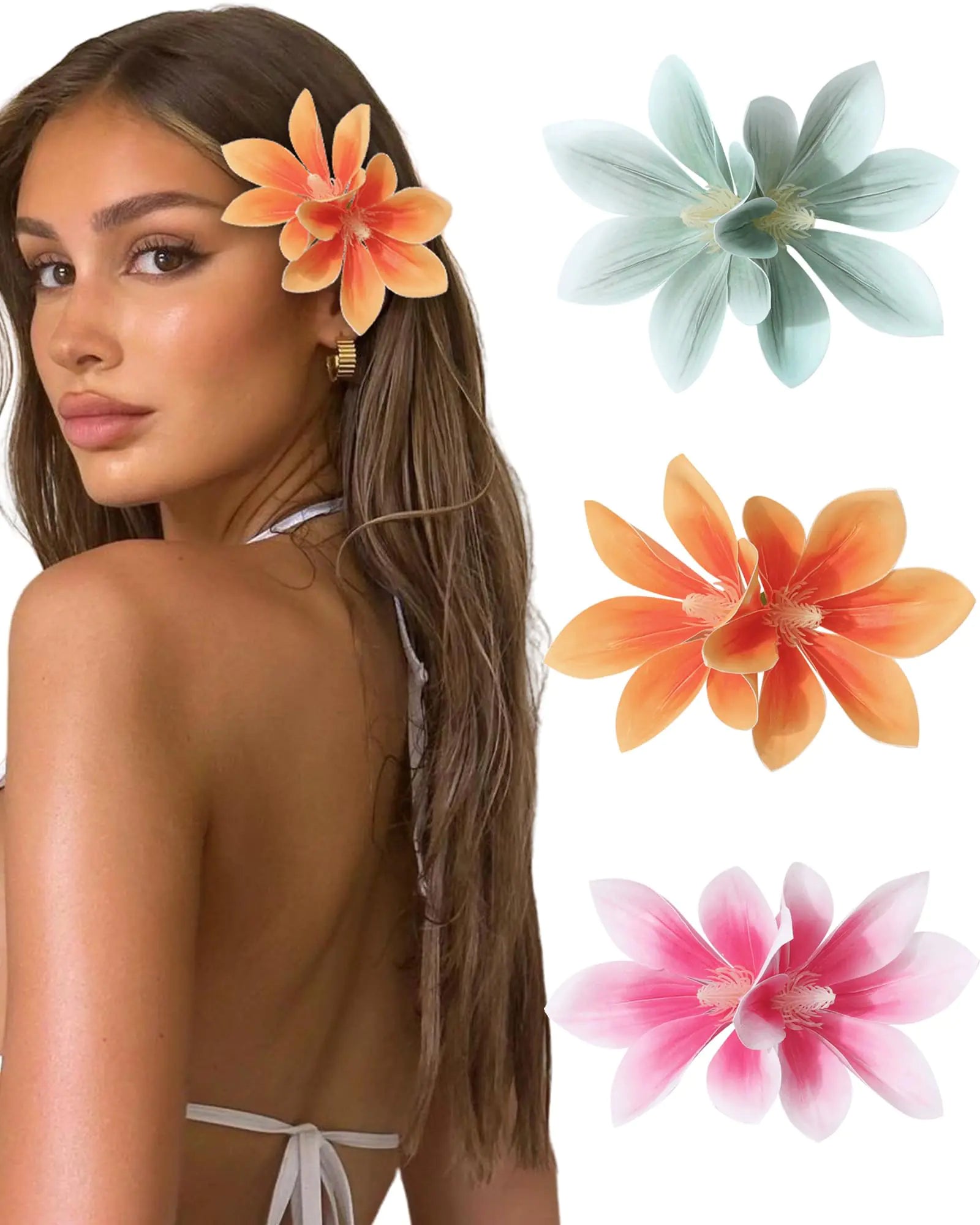 3 Pieces Hawaiian Flower Hair Clips for Women - Artificial Tropical Flower Hair Pin Orchid Beach Party Wedding