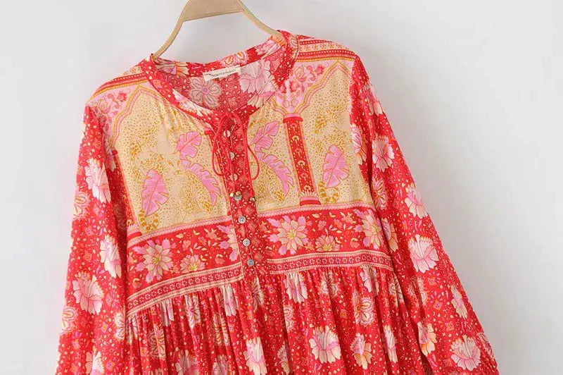 Floral Print Long Sleeve Maxi Dress with Buttons