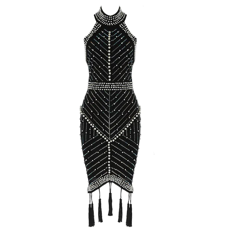 High Neck Sleeveless Bodycon Dress with Sequins and Fringe