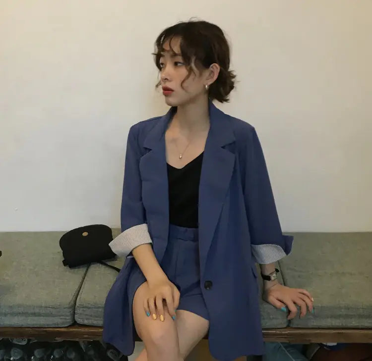 Women's Thin Striped Sleeve Blazer and Shorts Set