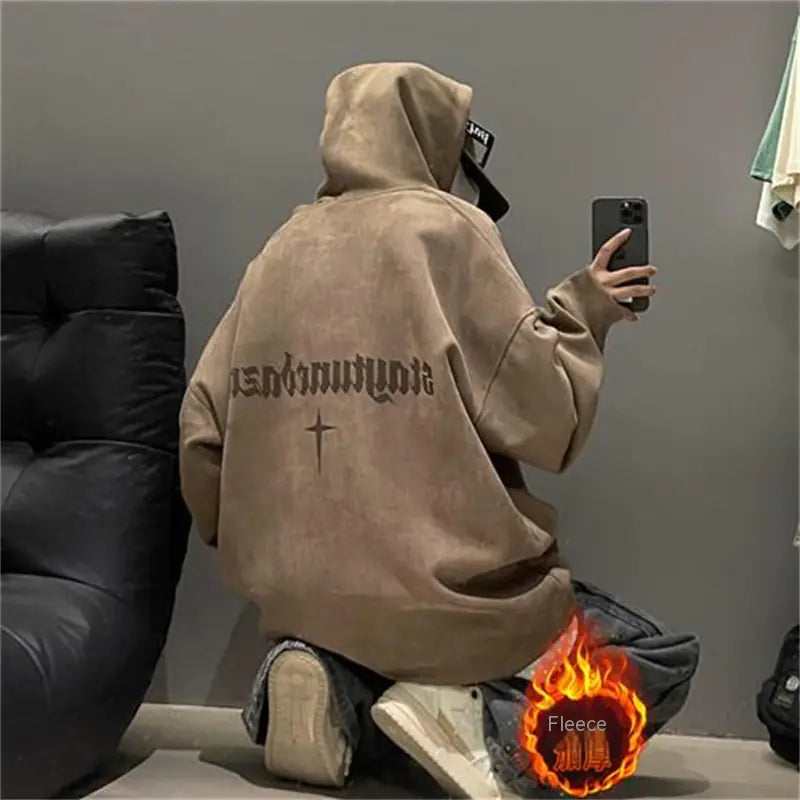 Burgundy Suede Hoodie with Men's Extra Fleece