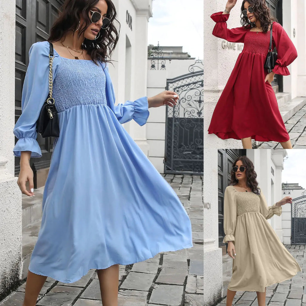 Pleated Dress with Flared Sleeve T-Neck Design