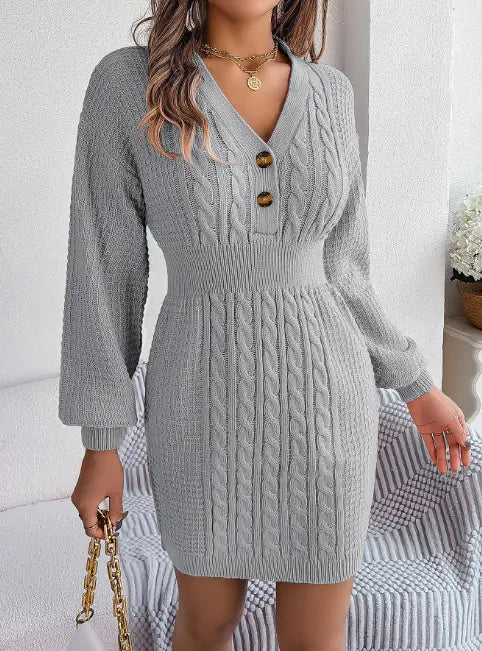 Women's Button Lantern Sleeve Dress