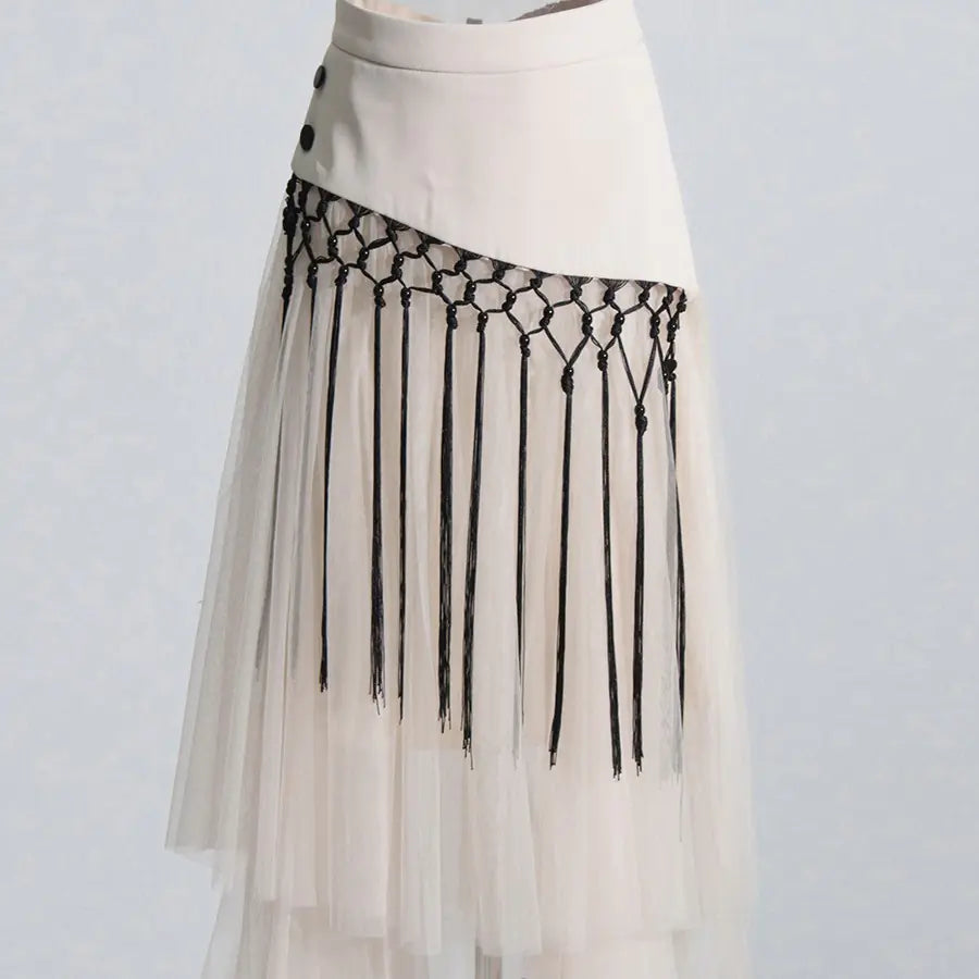 Retro Mid-High Waist Embroidery Mesh Stitching Skirt