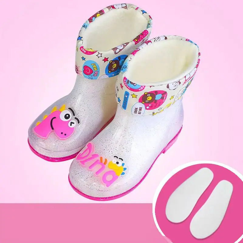 Transparent Dinosaur Rain Boots for Kids with Fleece