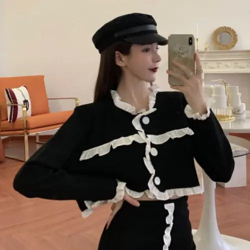 Fashionable Two-Piece Set with Ruffled Long Sleeve Top