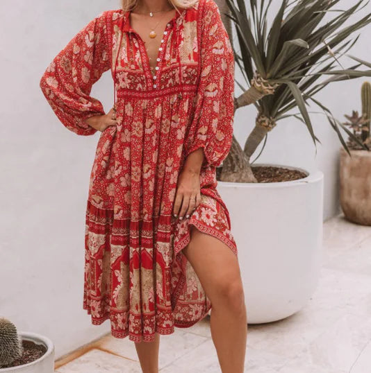 Floral Print Long Sleeve Maxi Dress with Buttons