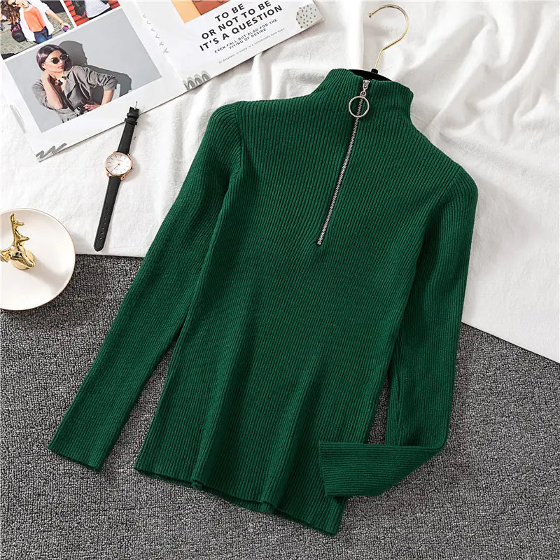 Zippered Half High Neck Slim Fit Knit Top for Women