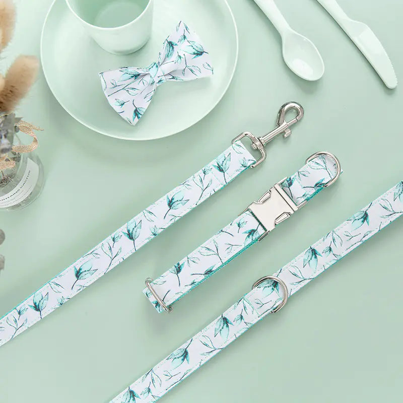 Dog and Cat Collar Set with Bowtie and Tropical Leaves