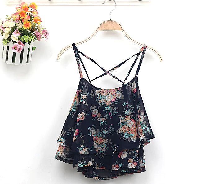 Vintage Floral Cami Top, Sleeveless Off-Shoulder Tank