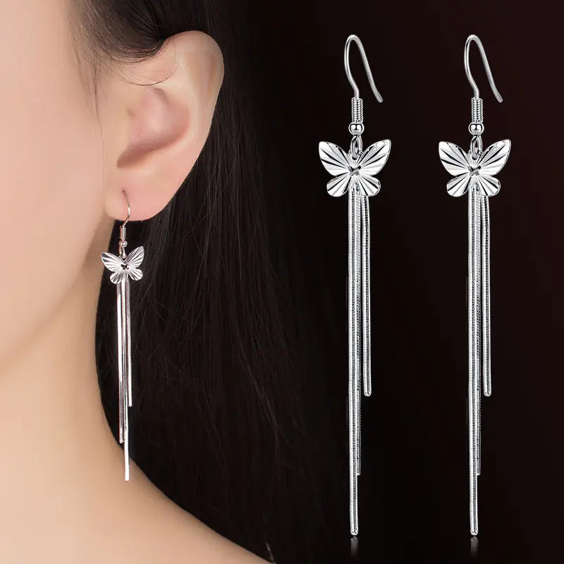 Stylish Long Butterfly Tassel Earrings in Silver