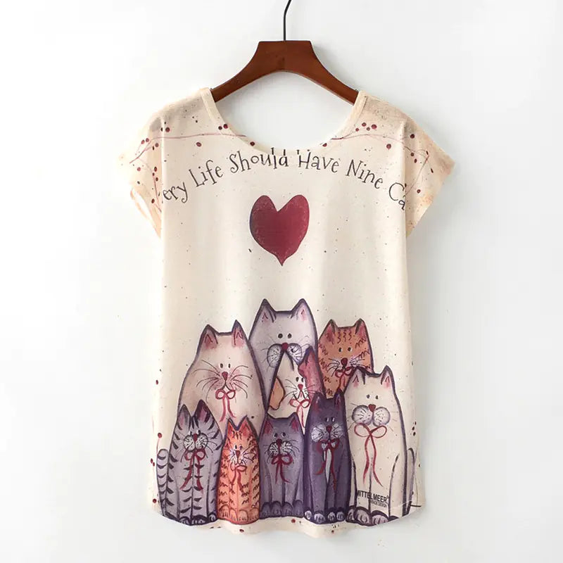 Cat Print Round Neck Short Sleeve T-Shirt