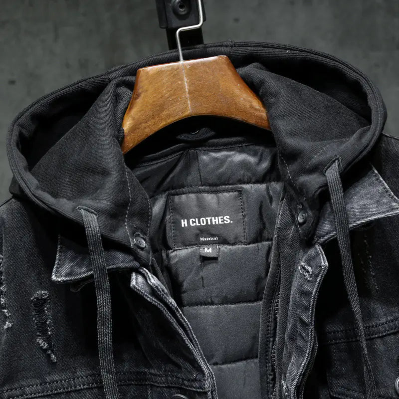 Men's Thickened Denim Jacket with Hood for Winter