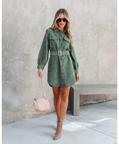 Corduroy Long Sleeve Midi Dress with Asymmetrical Hem