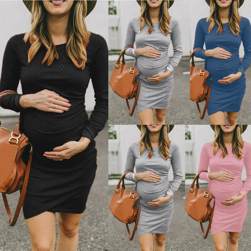 Autumn Winter Round Neck Long Sleeve Dress for Maternity