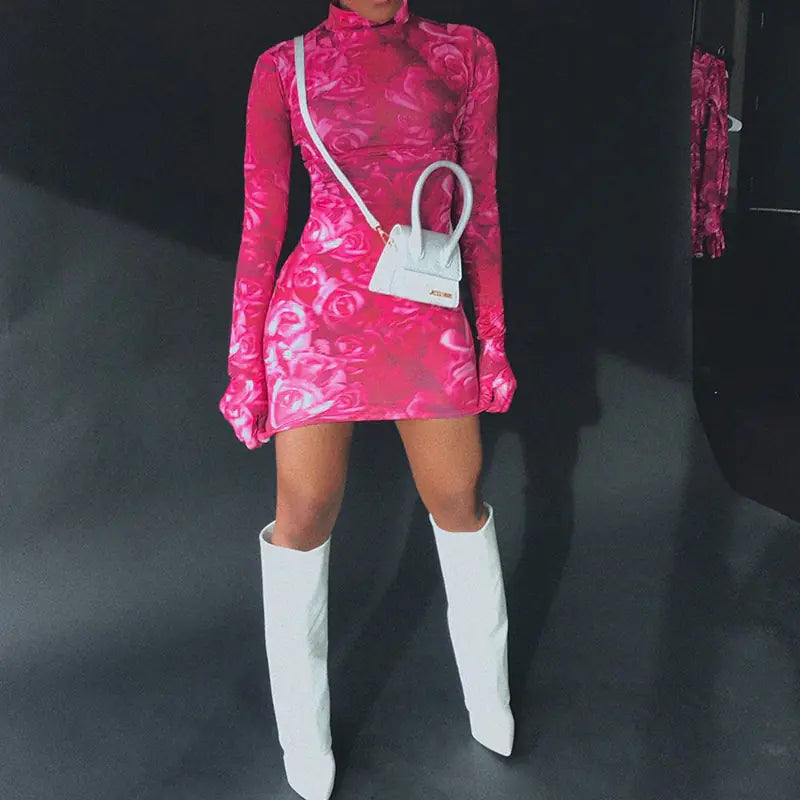 Women’s Printed Long Sleeve Dress with Gloves and Fitted Design