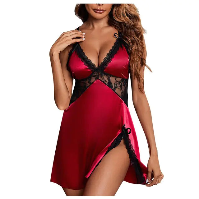 Women's V-Neck Lace Satin Nightgown & Pajama Set