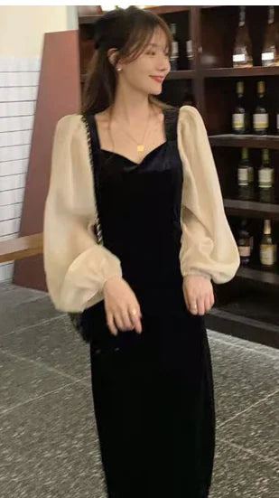 Elegant Velvet Dress with Puff Sleeves and Color Block Design
