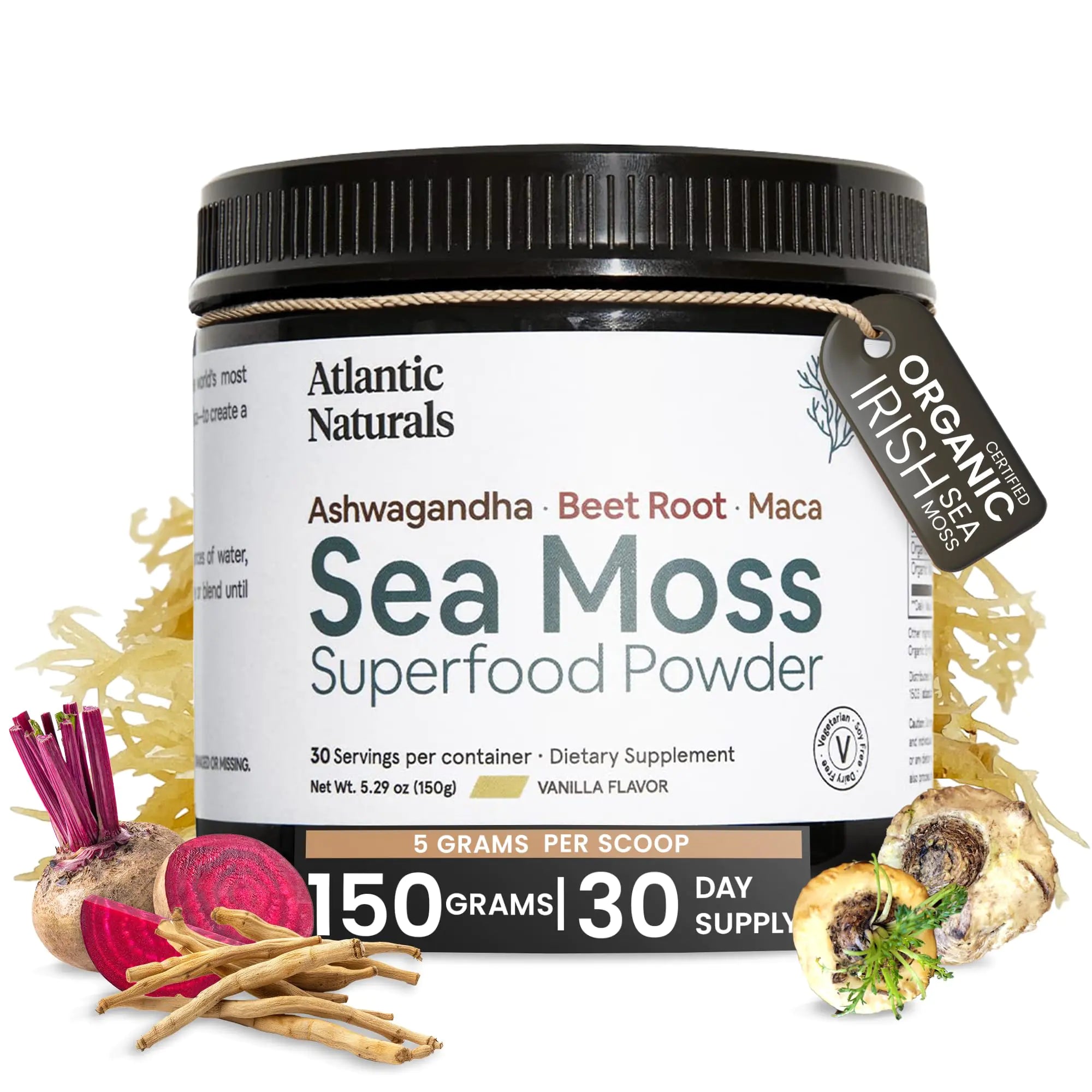 Atlantic Naturals Sea Moss Superfood Powder with Ashwagandha Beet Root and Maca Root - Sea Moss Powder Supports Healthy Skin Athletic Performance and Positive Mood - Vanilla Flavor (150g)