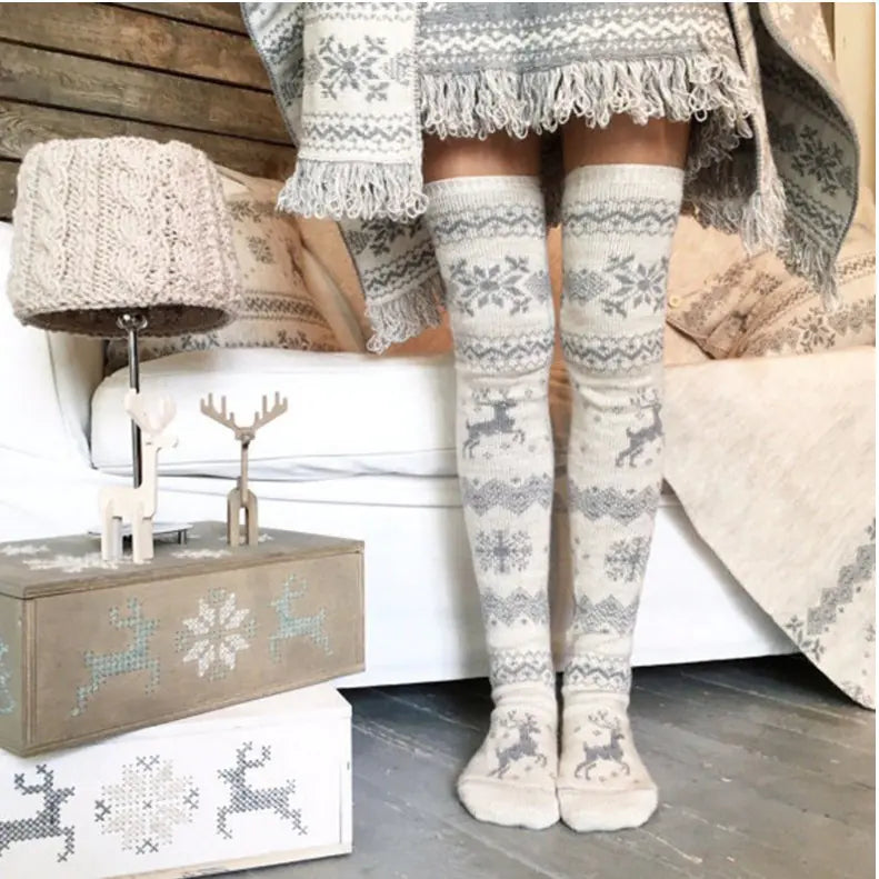Christmas Snowflake Reindeer Knee-High Socks