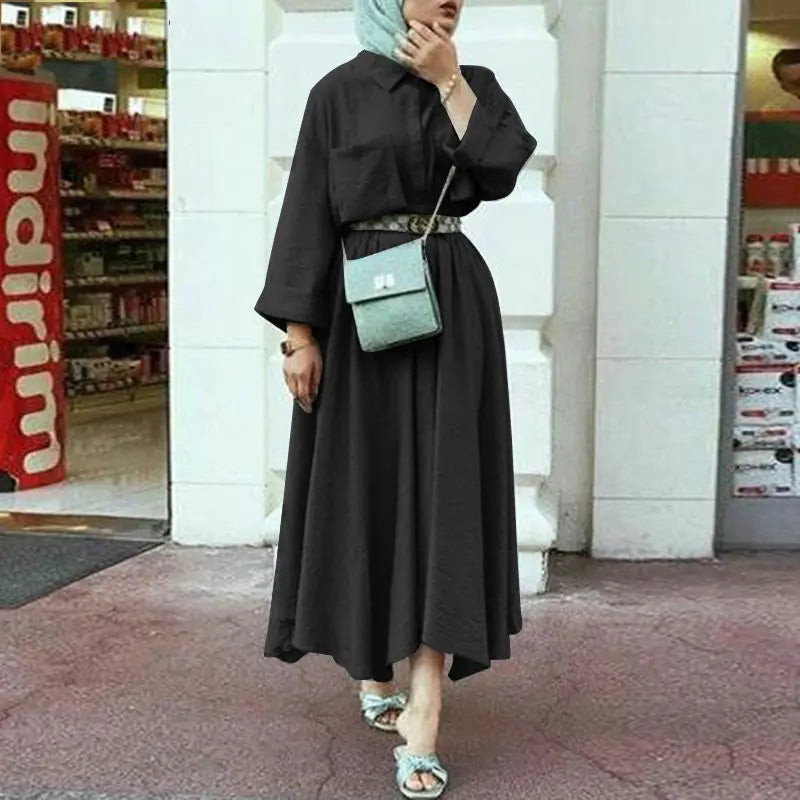 Stylish Waist-Defined Long Sleeve Dress with Flare Skirt