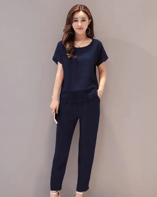 Cotton-Linen Set with Short Sleeve Top and Pants