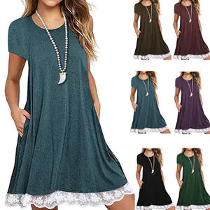 Plus Size Lace Panel Round Neck Short Sleeve Dress