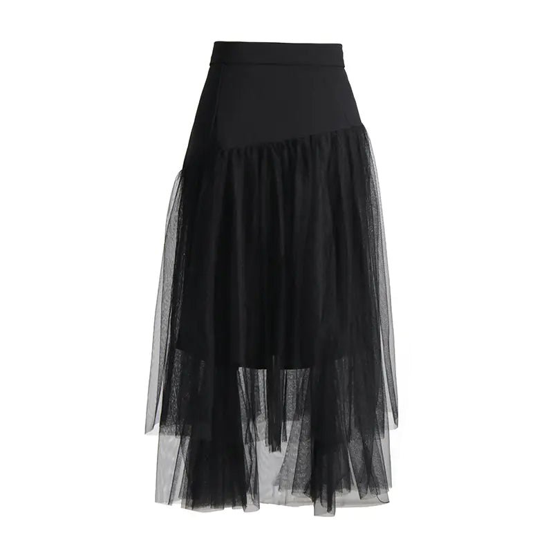 Retro Mid-High Waist Embroidery Mesh Stitching Skirt