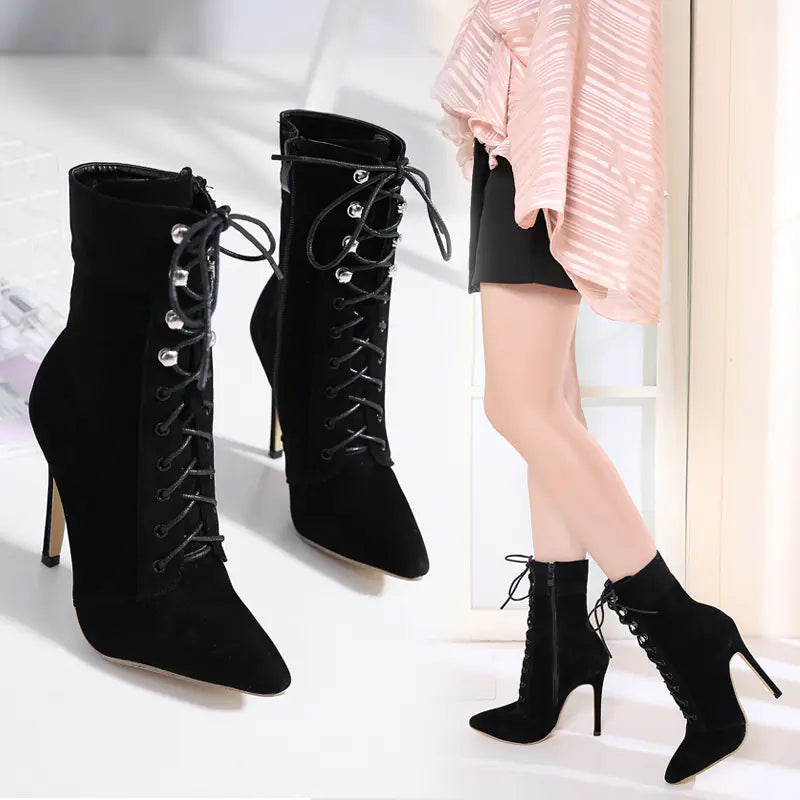 Women's High Heel Lace-Up Suede Ankle Boots