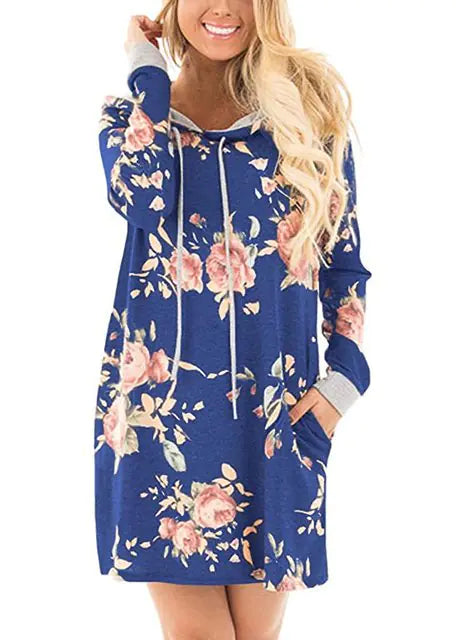 SINFEEL Autumn Fashion Floral Print Hoodie Dress for Women